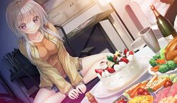  blush cake drink food fruit game_cg gray_hair kakegawa_hazuki kiba_satoshi long_hair marmalade purple_eyes shorts strawberry study_&sect;_steady 