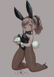  animal animal_ears black_leotard black_ribbon bow bowtie breasts brown_hair detached_collar expressionless fake_animal_ears fake_tail female full_body grey_background hair_ribbon high_heels highres holding holding_animal holding_rabbit jonpei kneeling leotard long_hair looking_at_viewer medium_breasts original pantyhose playboy_bunny ponytail rabbit rabbit_ears rabbit_tail red_eyes ribbon sidelocks simple_background solo strapless strapless_leotard tail wrist_cuffs 