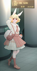  accessory alternative_fashion anthro bag_accessory blonde_hair carrot carrot_(one_piece) clothed clothing container cup dress drinking_straw female food footwear fully_clothed fur hair hair_accessory hand_on_head handbag hi_res j-fashion lagomorph leporid lolita_(fashion) long_ears looking_at_viewer mammal minkmen_(one_piece) mycrys necktie one_piece pink_nose plant rabbit red_eyes shoes socks solo subway vegetable white_body white_fur 