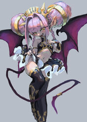  bare_shoulders big_hair black_nails blush braid breasts bridal_gauntlets crop_top crown demon_girl demon_wings double_bun ear_piercing earrings eyelashes feet_out_of_frame female gold_trim green_eyes grey_background hair_bun highres jewelry jonpei long_hair looking_at_viewer navel oerba_yun_fang open_mouth original piercing pink_hair pointy_ears sidelocks simple_background skirt skirt_hold small_breasts smile solo tail tail_ornament thighhighs twin_braids wings zettai_ryouiki 