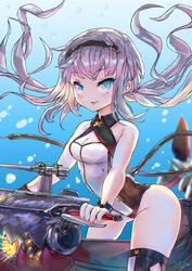  azur_lane bare_shoulders black_hairband black_thighhighs blue_eyes breasts cannon cleavage female grey_hair hair_between_eyes hair_ornament hairband highres long_hair looking_at_viewer mg42cat-k1ng open_mouth sitting small_breasts smile solo swimsuit tail thighhighs twintails u-522_(azur_lane) underwater 