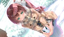  blush brown_hair game_cg green_eyes kiba_satoshi kinomiya_nanoka kneehighs long_hair marmalade ponytail scarf school_uniform skirt snow study_&sect;_steady 