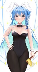  absurdres alternate_breast_size alternate_costume animal_ears axe black_bow black_bowtie black_leotard black_pantyhose blue_eyes blue_hair bow bowtie breasts cowboy_shot detached_collar female hair_between_eyes hand_on_own_hip highres hoangryu holding hololive hoshimachi_suisei leotard long_hair looking_at_viewer medium_breasts official_alternate_hair_length official_alternate_hairstyle pantyhose playboy_bunny rabbit_ears solo star_(symbol) star_in_eye strapless strapless_leotard symbol_in_eye virtual_youtuber wrist_cuffs 