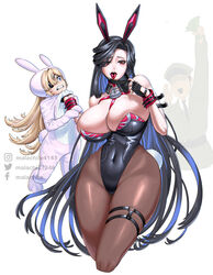  1boy 2girls absurdres animal_costume animal_ears belt black_gloves black_hair black_leotard blonde_hair blush breasts chest_belt cleavage commander_(nikke) extrinsic_(nikke) fake_animal_ears fingerless_gloves gloves goddess_of_victory:_nikke guillotine_(nikke) hair_ornament highres large_breasts leotard lifting_person lock long_hair looking_at_viewer maiden_(nikke) malachite_27346 mask mask_pull mouth_mask multiple_girls padlock padlocked_collar pantyhose parted_bangs parted_lips playboy_bunny rabbit_costume rabbit_ears saliva sidelocks simple_background standing strapless strapless_leotard teeth tongue tongue_out upper_teeth_only white_background 