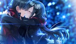  black_hair emily game_cg hug kissing long_hair male marmalade omaezaki_yuu scarf short_hair skirt study_&sect;_steady 