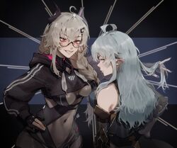  2girls artist_glove black-framed_eyewear black_nails blue_eyes blue_hair blush bodysuit breasts covered_navel cropped_hoodie geega_(vtuber) geega_(vtuber)_(1st_costume) gloves gravitydusty grey_bodysuit grey_hair hair_ornament hairclip highres hood hoodie horns impossible_bodysuit impossible_clothes indie_virtual_youtuber large_breasts light_blue_hair long_hair long_sleeves looking_at_viewer mechanical_horns multiple_girls nail_polish partially_fingerless_gloves pointy_ears red_eyes saruei_(vtuber) saruei_(vtuber)_(saruei_2.0) scar scar_across_eye smile virtual_youtuber 