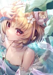  andira_(granblue_fantasy) andira_(summer)_(granblue_fantasy) animal_ears arm_up bare_shoulders blonde_hair blue_one-piece_swimsuit casual_one-piece_swimsuit commentary_request double_bun erune female flower glint granblue_fantasy hair_between_eyes hair_bun hair_flower hair_ornament highres kogome_(azalea4) looking_at_viewer monkey_ears monkey_girl monkey_tail official_alternate_costume one-piece_swimsuit red_eyes revision see-through solo swimsuit tail twitter_username upper_body water_drop white_flower 