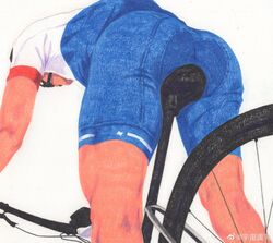  1boy absurdres ass ass_focus bara bicycle bicycle_seat bike_jersey colored_pencil_(medium) dagou_(yuzhou_fei_gou) faceless faceless_male feet_out_of_frame from_behind goggles highres male_focus original short_hair solo sportswear thighs tight_clothes toned toned_male traditional_media weibo_logo weibo_watermark 