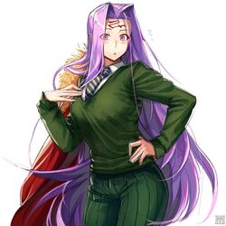  breasts commentary cosplay cowboy_shot eyes_visible_through_hair facial_mark fate/grand_order fate/stay_night fate/zero fate_(series) female flying_sweatdrops forehead_mark green_pants green_shirt large_breasts long_hair medusa_(fate) medusa_(rider)_(fate) necktie pants pink_eyes pink_hair purple_hair shirt signature solo stole striped striped_necktie very_long_hair waver_velvet waver_velvet_(cosplay) zyunya 