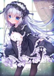  angora_rabbit animal black_bow black_dress black_legwear blue_eyes blurry blurry_background blush bow chestnut_mouth commentary_request commission curtains depth_of_field dress female frilled_dress frilled_sleeves frills fuxiyu gochuumon_wa_usagi_desu_ka? gothic_lolita grey_hair hair_between_eyes hair_ornament hairclip highres holding holding_animal juliet_sleeves kafuu_chino leaning_forward lolita_fashion long_hair long_sleeves looking_at_viewer pantyhose parted_lips puffy_sleeves rabbit skeb_commission sleeves_past_wrists thank_you tippy_(gochiusa) very_long_hair wide_sleeves window x_hair_ornament 