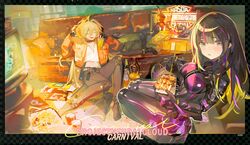  2girls black_hair black_pants blonde_hair blue_eyes bodysuit breasts chips_(food) chopsticks closed_eyes commentary_request couch cup fingerless_gloves food game_console girls&#039;_frontline girls&#039;_frontline_neural_cloud gloves highres holding holding_chopsticks holding_cup indoors jacket jewelry jingmi kebab knee_pads large_breasts looking_at_viewer midriff multicolored_hair multiple_girls nascita_(neural_cloud) navel necklace no_shoes open_mouth orange_jacket pants pink_hair pizza shirt sitting smile sol_(neural_cloud) streaked_hair television white_shirt yakitori 