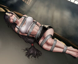  barefoot black_hair bondage brown_eyes final_fantasy final_fantasy_vii gag kidmo long_hair navel realistic skirt tifa_lockhart upskirt 