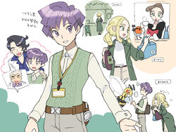  ... 2girls 3boys :d ? aged_up alexa_(pokemon) alternate_costume alternate_hairstyle augustine_sycamore bag beedrill belt belt_buckle black_hair blonde_hair brown_belt buckle bugsy_(pokemon) camera closed_eyes coat collared_shirt commentary_request curly_hair eyelashes facial_hair fanny_pack fletchling green_coat green_eyes holding holding_bag holding_camera lab_coat leaning_forward long_hair long_sleeves looking_back multiple_boys multiple_girls nibo_(att_130) open_clothes open_coat open_mouth parted_lips pokemon pokemon_(creature) pokemon_frlg pokemon_hgss pokemon_xy ponytail purple_eyes purple_hair purple_shirt samuel_oak shirt short_hair siblings sidelocks sign sisters smile spoken_ellipsis spoken_question_mark sweater_vest translation_request viola_(pokemon) white_shirt 