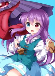  :o aqua_vest blue_background blue_eyes blue_skirt blush commentary_request cosplay female geta gradient_background hair_between_eyes heterochromia highres juliet_sleeves karakasa_obake long_hair long_sleeves looking_away puffy_sleeves purple_hair red_eyes reisen_udongein_inaba ruu_(tksymkw) sandals shirt simple_background skirt solo tatara_kogasa tatara_kogasa_(cosplay) tongue touhou umbrella unworn_sandals very_long_hair white_shirt 