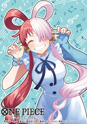  bass_clef beamed_eighth_notes beamed_sixteenth_notes blush claw_pose closed_eyes copyright_name cowboy_shot dotted_half_note dress eighth_note eighth_rest elbow_gloves facing_viewer female fingerless_gloves fingernails flat_sign gloves grin hair_rings half_note hands_up highres koushi_rokushiro long_hair multicolored_hair musical_note natural_sign one_piece one_piece_card_game one_piece_film:_red pink_hair quarter_rest red_hair sharp_sign sixteenth_note sixteenth_rest sleeveless sleeveless_dress smile solo split-color_hair staff_(music) teeth treble_clef twintails two-tone_hair uta_(one_piece) white_dress white_hair 