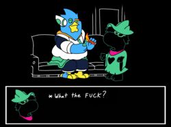  2021 anthro avian berdly bird blue_body blue_feathers bovid caprine clothed clothing cocaine crack_pipe deltarune dialogue digital_media_(artwork) drugs duo english_text eyewear family_guy feathers fire furniture goat henevada1 hi_res lighter male mammal meme peter_what_are_you_doing_(meme) profanity ralsei sofa text undertale_(series) 