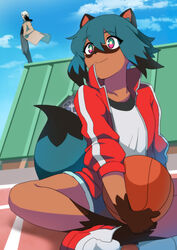  1boy animal animal_ears animal_on_shoulder ball basketball basketball_(object) belt bird bird_on_shoulder black_hair black_shirt blue_hair blue_sky body_fur brand_new_animal closed_mouth cloud coat colored_tips commentary_request day eyes_visible_through_hair female furry furry_female green_eyes hair_between_eyes hands_in_pockets highres holding holding_ball indian_style jacket kagemori_michiru kamiya_ryuu kuro_(bna) long_sleeves multicolored_hair ogami_shirou on_shoulder open_clothes open_jacket pants raccoon_ears raccoon_girl raccoon_tail red_jacket shirt short_hair shorts sitting sky smile standing tail track_jacket two-tone_hair white_hair white_shirt 