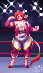  2017 absurd_res anthro belly belly_rolls big_breasts bovid bovine breasts cattle clothing curvy_figure digital_media_(artwork) female fighting_ring hair hi_res mammal meganemausu overweight slightly_chubby slightly_chubby_female solo thick_thighs voluptuous wrestler 