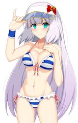  arm_up bare_shoulders bikini blush breasts cleavage closed_mouth collarbone commentary_request female frilled_bikini frills front-tie_bikini_top front-tie_top green_eyes grey_hair groin gundam gundam_exa halterneck hand_on_headwear iseshi long_hair medium_breasts navel see-through side-tie_bikini_bottom simple_background smile solo standing sthesia_awar striped_bikini striped_clothes swimsuit very_long_hair visor_cap white_background wristband 