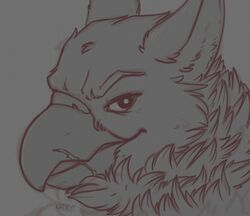  2021 ambiguous_form ambiguous_gender arthur_the_gryphon avian beak digital_media_(artwork) eyebrows fur greyscale gryphon headshot_portrait hi_res icon katai line_art looking_at_viewer monochrome mythological_avian mythological_creature mythology portrait scar side_view signature solo 