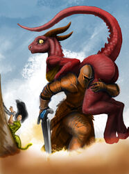  2012 annoyed armor ass chained chains cloud color_edit colored dragon female group hattonslayden headgear helmet hi_res horn human humor knight lay_the_dragon male mammal melee_weapon meme mythological_creature mythological_scalie mythology outside red_body red_skin role_reversal scalie sky sword tail third-party_edit warrior weapon 