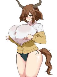  :d animal_ears blush breasts brown_eyes brown_hair button_gap commentary_request copyright_request cowboy_shot deep_skin female grin hair_over_one_eye highres horns huge_breasts off_shoulder okamura_(okamura086) shirt simple_background skindentation smile solo sweater tail thighs white_background white_shirt wing_collar yellow_sweater 