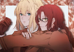  2girls amy_bartlett blonde_hair blue_eyes brown_gloves brown_hair brown_jacket commentary_request glasses gloves green_eyes highres hug jacket looking_at_viewer machihazure multiple_girls parted_lips smile violet_evergarden violet_evergarden_(series) 