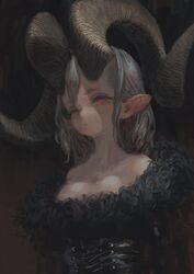  bare_shoulders black_dress breasts cross-laced_clothes curled_horns dark_background dress expressionless female fur_trim grey_hair highres horns huge_horns jonpei long_hair looking_at_viewer off-shoulder_dress off_shoulder original pointy_ears red_eyes solo upper_body 