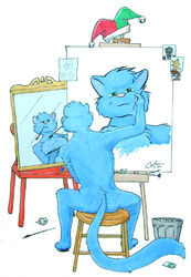  2000 anthro blue_body blue_fur brush canvas chair clothing domestic_cat easel felid feline felis fool&#039;s_hat fur furniture green_eyes guppy guppy_(artist) hat headgear headwear inspired_by_formal_art looking_at_mirror looking_at_object male mammal mirror paint paintbrush painting painting_(object) palette reflection signature sitting solo stool trash_can 