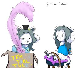  anthro bob_(undertale) canid canine clothed clothing duo english_text felid feline fur hair imminent_tickling mammal tem temmie_(undertale) text tickle_torture tickling ticklishshenanigansau topwear undertale undertale_(series) white_body white_fur 