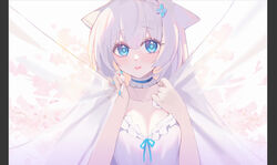  animal_ears blue_choker blue_eyes blue_flower blue_nails blue_ribbon choker claxton_(warship_girls_r) collarbone commentary_request curtain_grab curtains dress female flower frilled_choker frills hair_between_eyes hair_flower hair_ornament hands_up hasu_(velicia) highres looking_at_viewer nail_polish official_art parted_lips pillarboxed ribbon solo transparent upper_body warship_girls_r white_dress white_hair 