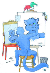  2000 anthro blue_body blue_fur brush canvas chair clothing domestic_cat easel felid feline felis fool&#039;s_hat fur furniture green_eyes guppy guppy_(artist) hat headgear headwear inspired_by_formal_art looking_at_mirror looking_at_object male mammal mirror paint paintbrush painting painting_(object) palette reflection signature sitting solo stool trash_can 