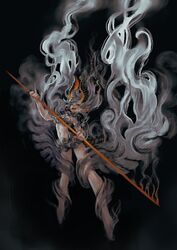  breasts dragon_girl dragon_horns dragon_tail fangs female forked_tongue full_body grey_hair highres holding holding_polearm holding_weapon horns jonpei long_hair navel open_mouth original pointy_ears polearm small_breasts smoke solo tail teeth tongue tongue_out weapon yellow_eyes 