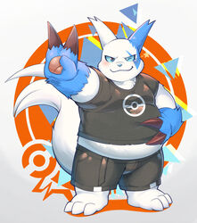  2021 absurd_res anthro aotoaka belly blue_body blue_fur blue_nose blush bottomwear clothing fur generation_3_pokemon hi_res kemono male nintendo one_eye_closed overweight overweight_male pokemon pokemon_(species) shiny_pokemon shirt shorts solo tail topwear white_body white_fur wink zangoose 