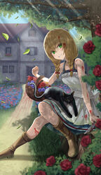  absurdres animal animal_on_lap basket black_cat blonde_hair blood blood_on_arm blood_on_clothes blood_on_leg blood_trail boots braid brown_hair commentary day dress falling_leaves feline female flower flower_basket full_body garden green_eyes grin highres holding holding_basket holding_knife house knife leaf long_hair looking_at_viewer majo_no_ie on_lap outdoors red_flower red_rose rose rose_bush shade short_dress silvertsuki sitting sleeveless sleeveless_dress smile sunlight tree twin_braids viola_(majo_no_ie) 