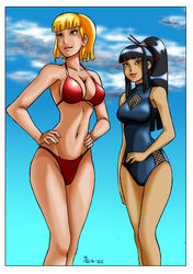  2girls aged_up artist_signature asian asian_female atsuko_(inspector_gadget) beach bikini black_hair blonde_hair cleavage colored colored_sketch curves dastigy female female_only friends hourglass_figure inspector_gadget line_art one-piece_swimsuit outside penny_gadget shoxxe straight_hair swimsuit 