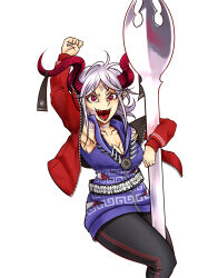  arm_up black_pants blue_dress commentary_request curly_hair dress earrings feet_out_of_frame female head_tattoo highres holding holding_spork horn_ornament horn_ribbon horns jacket jewelry looking_at_viewer manatsu_no_yo_no_inmu meandros medium_hair neck_tattoo open_mouth oversized_object pants patterned_clothing pointy_ears red_eyes red_horns red_jacket ribbon ryuuichi_(f_dragon) sharp_teeth sheep_horns simple_background smile solo spork tattoo teeth touhou toutetsu_yuuma utensil white_background white_hair 