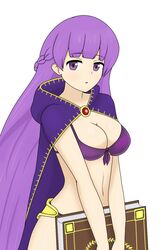  1girls alternate_costume bangs bare_midriff bare_thighs bikini book braid breasts cape cleavage female female_only fire_emblem fire_emblem:_the_binding_blade large_breasts long_hair looking_at_viewer midriff nintendo open_mouth purple_bikini purple_eyes purple_hair purple_swimsuit solo sophia_(fire_emblem) swimsuit thighs very_long_hair white_background wide_hips yoshio_hentai 