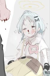  1boy black_gloves blood blue_archive braid bruise bruise_on_face child_abuse female fuiba_blue gloves grey_hair hair_ornament halo hand_up highres injury kindergarten_uniform letter_hair_ornament long_hair name_tag nosebleed open_mouth pantyhose red_ribbon ribbon ryona shirt short_eyebrows simple_background sitting skirt suiko_(blue_archive) suspender_skirt suspenders twin_braids white_pantyhose white_shirt yellow_halo yellow_skirt 