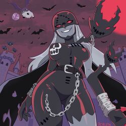  absurdres bat_(animal) belt black_bodysuit bodysuit bracelet breasts candy castle chains colored_sclera colored_skin commentary crezta demon_girl digimon digimon_(creature) fallen_angel flying food from_below grey_hair grey_skin highres holding holding_candy holding_food holding_lollipop jewelry ladydevimon leather_suit lollipop long_hair looking_at_viewer mask moon mouth_hold multiple_bracelets oerba_yun_fang picodevimon red_eyes red_moon red_sclera red_sky skull_print sky smile solid_eyes spiked_bracelet spikes stitched_clothes stitched_mouth stitches swirl_lollipop torn_bodysuit torn_clothes torn_wings tsukaimon twitter_username wings yellow_sclera 