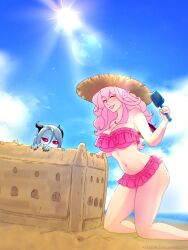  2girls ^_^ annikathart artist_name bare_arms bare_legs bare_shoulders beach bikini black_nails blue_skin blue_sky breasts chromatic_aberration closed_eyes cloud colored_sclera colored_skin commentary day demon_wings english_commentary grey_hair hair_between_eyes hat highres horns kneeling large_breasts lens_flare light_blush long_hair mini_wings multiple_girls navel no_pupils outdoors parted_lips peeking_out pink_bikini pink_hair pink_lips pointy_ears qum_d'umpe red_sclera ruffle_bikini sabitha_(the_last_sovereign) sand sand_castle sand_sculpture sky smile stomach straw_hat sun swimsuit the_last_sovereign trowel wings 