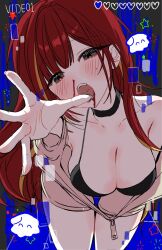  akane_lize artist_request bikini black_background black_bikini black_choker black_eyes blonde_hair blood blue_background blush breasts brown_shirt choker commentary_request creature female foreshortening health_bar highres kneeling korean_commentary large_breasts leaning_forward long_hair looking_at_viewer mole mole_under_eye nosebleed open_clothes open_hand open_mouth open_shirt parted_bangs partially_unzipped reaching reaching_towards_viewer red_hair second-party_source shirt short_sleeves solo star_(symbol) stellive straight_hair swimsuit two-tone_background virtual_youtuber zipper_pull_tab 