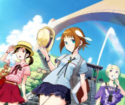  3girls animal bad_id bad_pixiv_id bare_shoulders book bridge brown_hair cojibou fanning food hand_fan hand_on_headwear hat hat_ribbon highres holding holding_book holding_clothes holding_hat looking_at_viewer multicolored_hair multiple_girls open_mouth original polka_dot popsicle purple_eyes red_eyes ribbon short_hair side_ponytail skirt stairs unworn_hat unworn_headwear watch wristwatch 