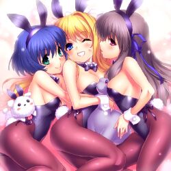  3girls air_(visual_novel) animal_ears blonde_hair blue_eyes blue_hair blush breasts brown_hair cleavage commentary_request food french_fries green_eyes hickey kamio_misuzu kirishima_kano kissing leotard lipstick_mark lipstick_mark_on_face long_hair medium_breasts multiple_girls oekaki one_eye_closed open_mouth pantyhose playboy_bunny potato_(air) rabbit_ears red_eyes short_hair side-tie_leotard smile toono_minagi wrist_cuffs zen_(kamuro) 