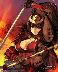  armor breasts brown_hair bushin_renkei_zero castle cleavage commentary_request female fire gauntlets genderswap_(mtf) gloves katana long_hair magatama photoshop_(medium) polearm ponytail red_eyes rule_63 samurai sayo_tanku shibata_katsuie_(bushin_renkei_zero) solo spear sword weapon 