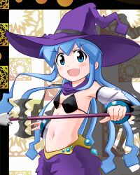  blue_eyes blue_hair blush commentary_request cosplay detached_sleeves female hat highres ikamusume midriff navel rivalun rivalun_(cosplay) rokushaku_neko shinryaku!_ikamusume solo tentacle_hair wand witch_hat yuru_yuri 