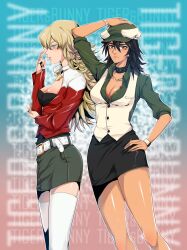  2girls adapted_costume barnaby_brooks_jr belt blonde_hair blue_eyes blush breasts brown_eyes brown_hair cabbie_hat cleavage copyright_name english glasses green_eyes hat jacket jewelry kaburagi_t_kotetsu multiple_girls nail_polish necktie open_clothes open_shirt rewolf rule_63 shirt skirt thighhighs tiger_&amp;_bunny title_drop vest watch white_legwear wristwatch zettai_ryouiki 