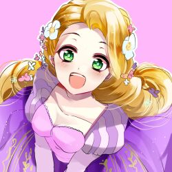  :d animification blonde_hair blush commentary_request dress female flower from_above gown green_eyes hair_flower hair_ornament kurabayashi long_hair open_mouth pink_background puffy_sleeves purple_dress rapunzel_(disney) smile solo striped tangled vertical_stripes 