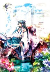  2girls bad_id bad_pixiv_id black_eyes black_hair blue_flower bow cis_(carcharias) detached_sleeves flower frog_hair_ornament gohei green_hair hair_ornament hairbow hakurei_reimu japanese_clothes kochiya_sanae long_hair long_sleeves miko morning_glory multiple_girls pink_flower plant short_hair sitting touhou wide_sleeves yellow_flower 