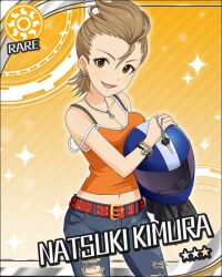  artist_request brown_hair card_(medium) character_name denim earrings female green_eyes helmet idolmaster idolmaster_cinderella_girls jeans jewelry kimura_natsuki motorcycle_helmet necklace official_art pants quiff short_hair solo sun_symbol torn_clothes torn_jeans torn_pants 